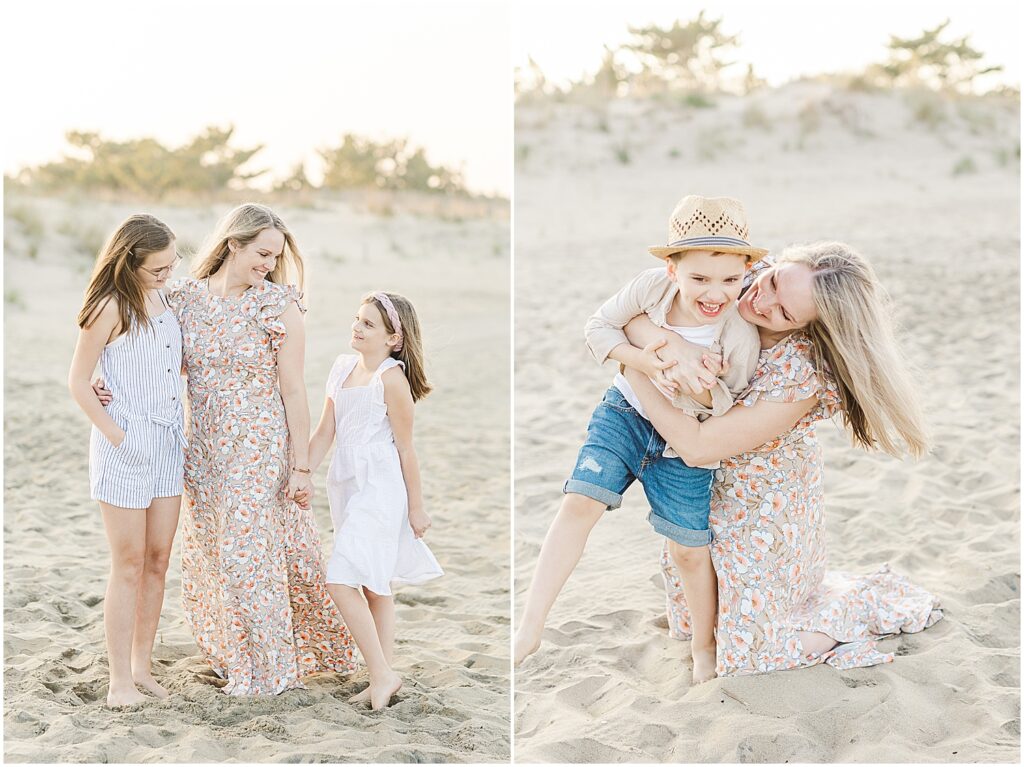 Mom poses with her kids during their family beach session with delaware beach photographer