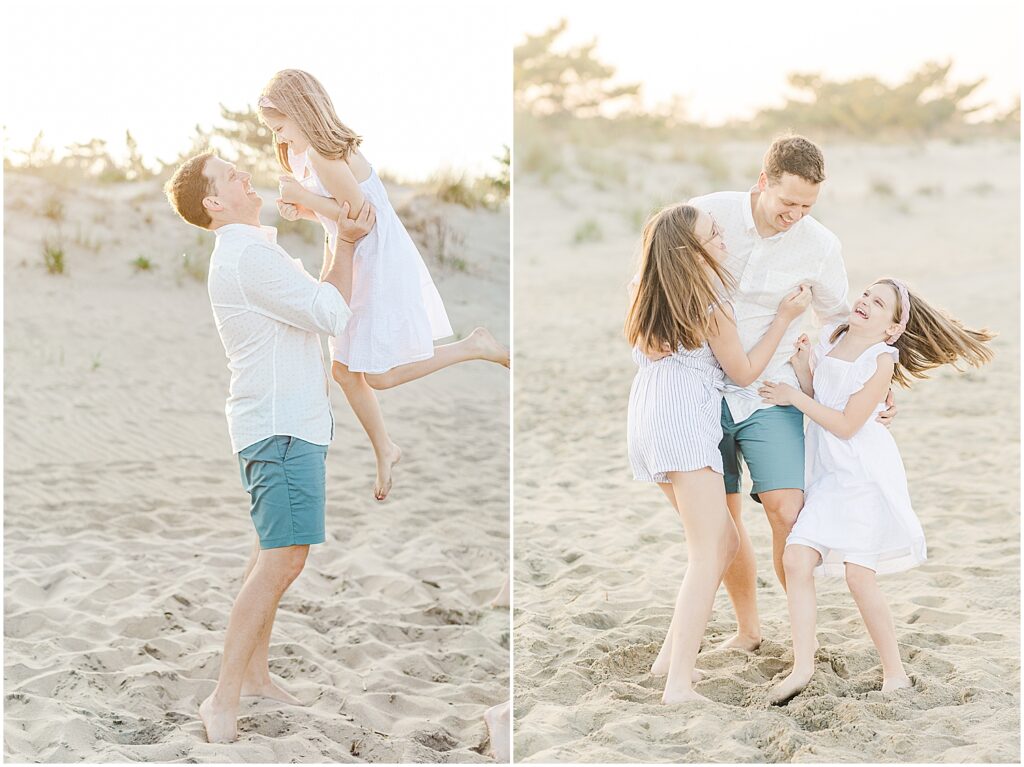 Dad plays with his kids during their family beach session with Rehoboth beach family photographer