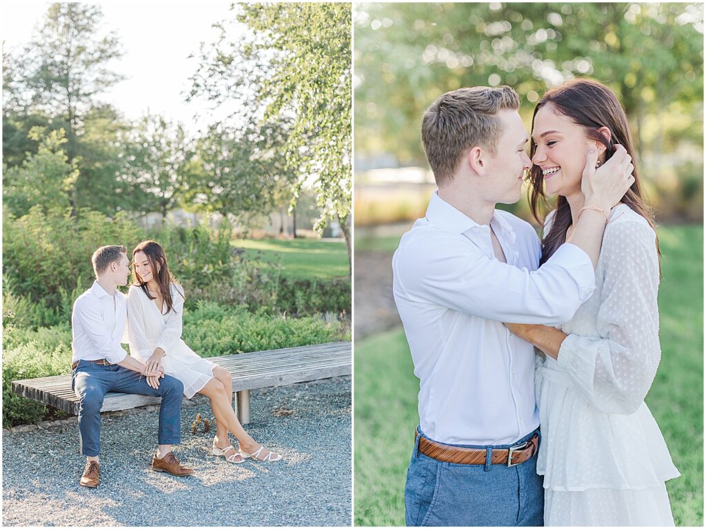 Couple sharing romantic moment in canal front park, lewes, delaware