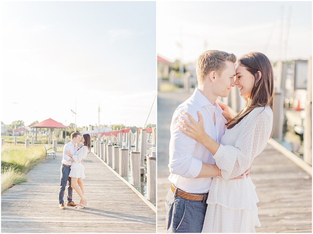 couple posing together on docks for their engagement photos in lewes delaware.