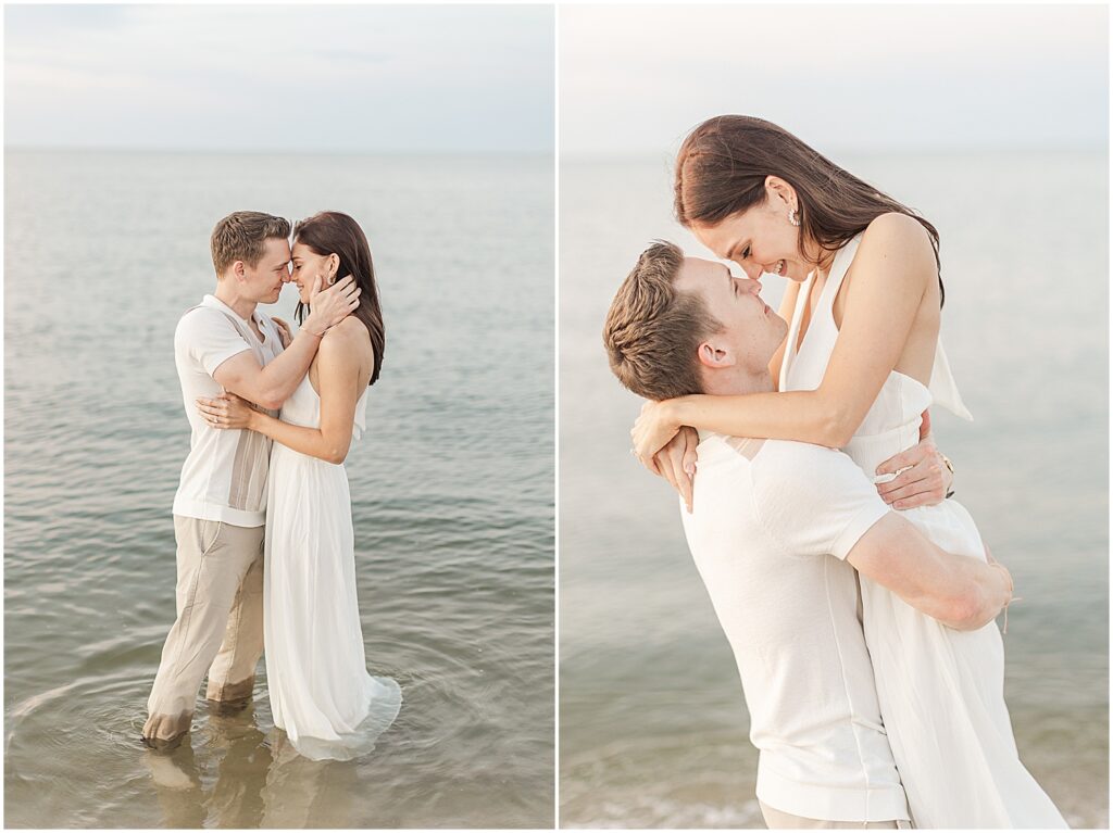 couple sharing intimate, romantic moment in the water at Lewes Beach, Delaware.